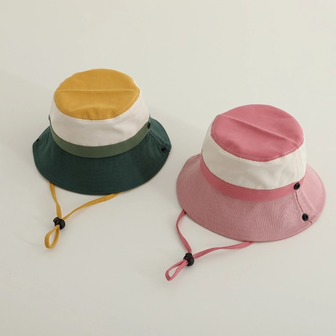 Kids Bucket Hat Cotton Canvas Color Block Sun Protection With Adjustable Windproof Strap For Toddlers Boys Girls