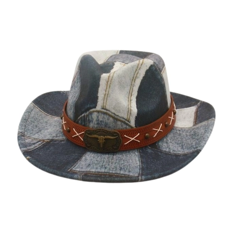 Western Cowboy Hat Vintage Patchwork Denim Wide Brim Fedora With Leather Band And Metal Bull Head Buckle Retro Sun Hat