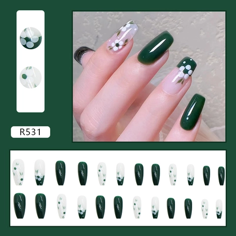 Long Coffin Shape Press On Nails Green Tea Camellia Flower Design Glossy Finish False Nails For Women Daily Nail Art