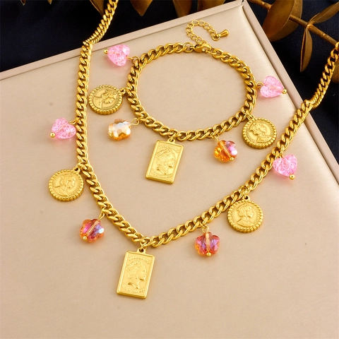 Collar Y Pulsera De Acero Inoxidable Retro Colgante De Moneda Corazón Rosa Flor Naranja Retrato Reina Joyería Bañada Oro Para Mujer