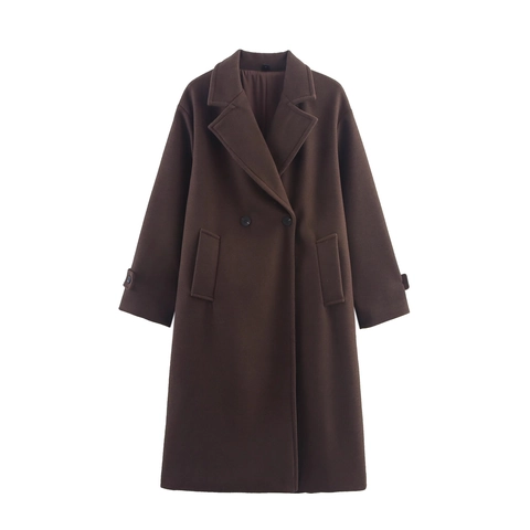 Manteau Long Femme Aspect Laine Double Boutonnage Col À Revers Coupe Ample Élégant