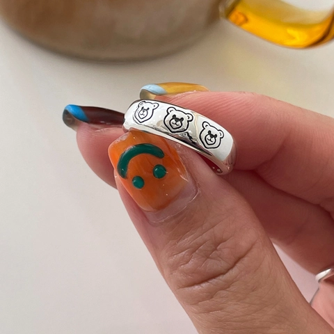 Anello Orsetto Argento Sterling 925 Donna Minimalista Carino Modello Animale Fumetto Gioielli Dito Aperti Regolabili Stile Vintage