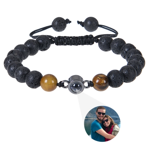 Pulsera De Cuentas De Proyección De Fotos Piedra Volcánica Ojo De Tigre Cuerda Trenzada Joyería Ajustable Hombre Mujer