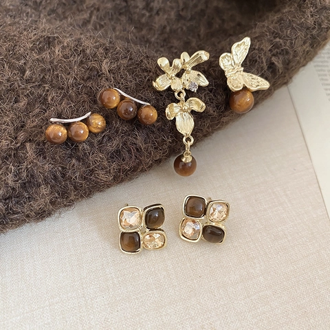 Vintage Maillard Brown Stud Earrings For Women With Silver Earring Post Floral Butterfly Square Alloy Resin Jewelry