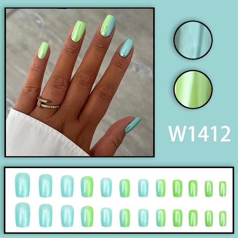 Blauwe Groene Gradient Press On Nails Kunstparelglans Medium Vierkant Afneembaar Elegant Simpele Ins Stijl Voor Vrouwen