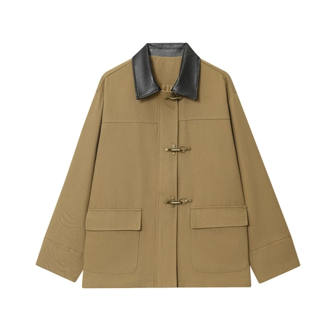 Giacca Da Lavoro Donna Cachi Tela Di Cotone Con Colletto In Similpelle Ganci In Metallo Vintage Giubbotto