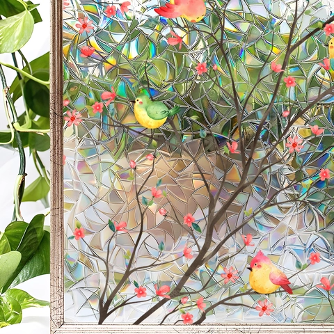 Pellicola per Vetri Statica Arcobaleno Uccelli e Fiori Adesivo per Vetro Privacy Pellicola Decorativa Sun Catcher