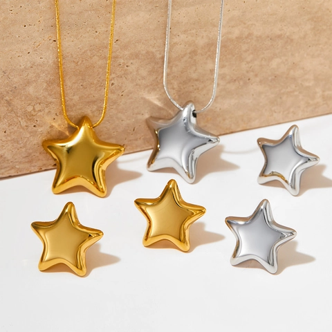 Mode Acier Inoxydable Étoile Gonflée Collier Boucles D'oreilles Bijoux En Forme D'étoile Creuse Pour Femmes Style Épuré