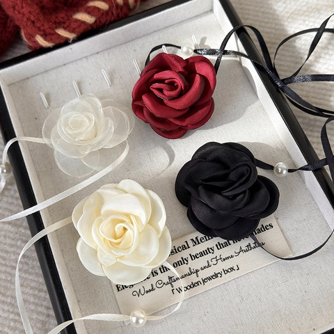 Collana Choker Con Fiore Di Rosa Retrò Stringata Nastro Lungo In Tessuto Con Accento Perla Artificial Stile Francese Da Donna