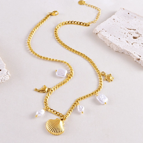 Collar de Oro Tema Oceánico de Acero de Titanio Con Colgante de Delfín Concha Tortuga Marina Perla Artificial para Mujer