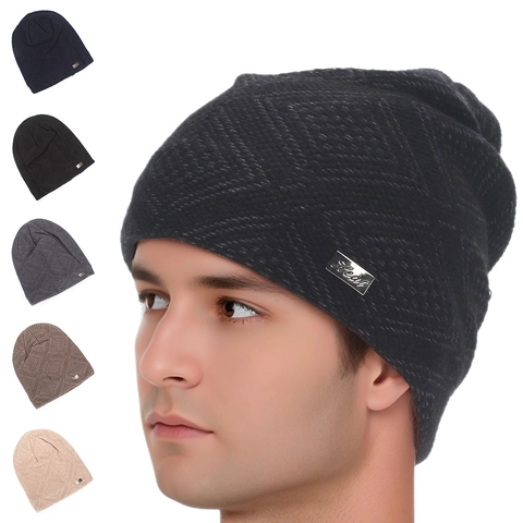 Men Winter Knitted Beanie Hat Warm Fleece Lined Windproof Outdoor Skull Cap With Metal Tag Diamond Texture Leisure