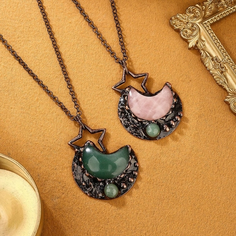 Vintage Star Moon Pendant Necklace Handmade Copper Rose Quartz Green Aventurine Bohemian Ethnic Jewelry Women
