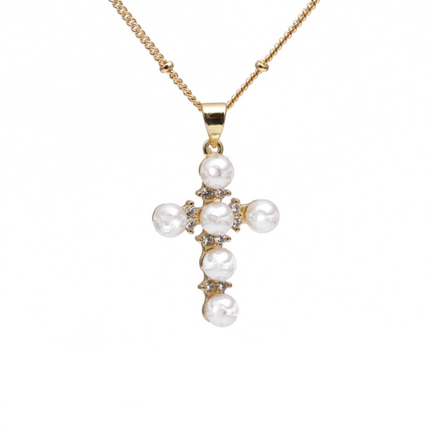 Copper Artificial Pearl Cross Heart Pendant Necklace With Colorful Cubic Zirconia Gold Plated Vintage Jewelry For Women