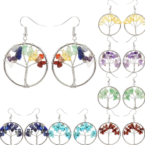 Handmade Wire Wrapped Tree Of Life Dangle Earrings With Natural Crystal Chip Stones Bohemian Amethyst For Women
