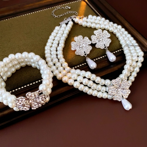 Multi Layer Imitation Artificial Pearl Necklace Bracelet Earrings Jewelry Rhinestone Flower Silver Earring Post Water Drop Women
