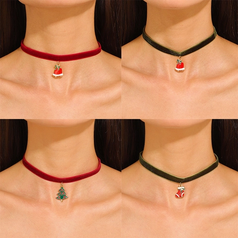 Collier Choker En Velours De Noël Alliage Émail Sapin De Noël Cloche Flocon De Neige Pendentif Bijoux Festifs Femmes