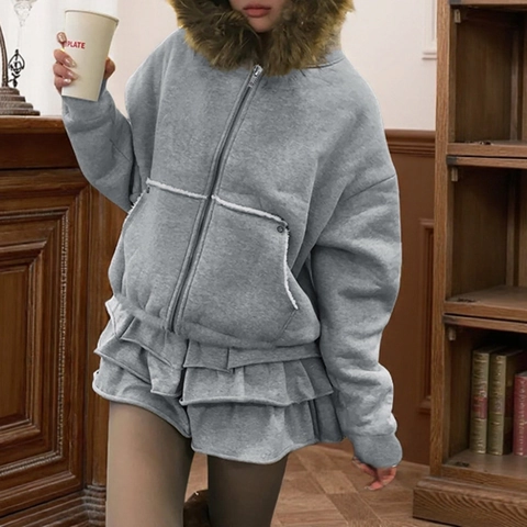 Damen Retro American Kapuzenjacke Mit Kunstpelzkragen Fleece Gefüttert Winter Warm Streetwear Slimming Outerwear