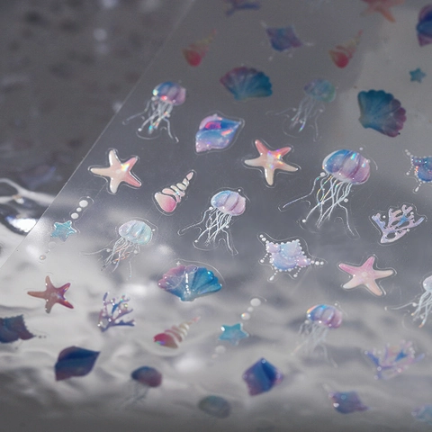 Holographic 3D Relief Nail Art Stickers Marine Jellyfish Shell Starfish Manicure Decoration Iridescent Self Adhesive