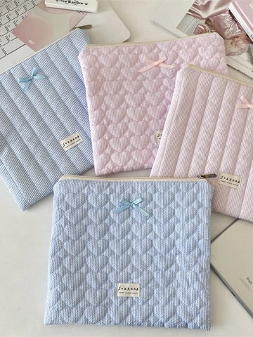 Housse Ordinateur Portable Matelassée Motif Cœur Rayée Pochette Tablette Rembourrée Sac Protection Avec Nœud Style Coréen