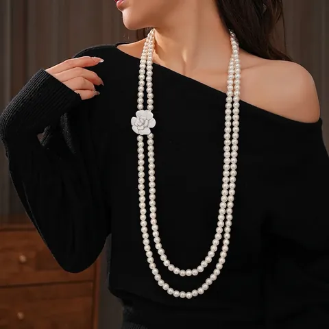Collana Di Künstliche Perle Imitazione A Strati Ciondolo Fiore Camelia Lega Catena Lunga Maglione Gioielli Vintage Donna