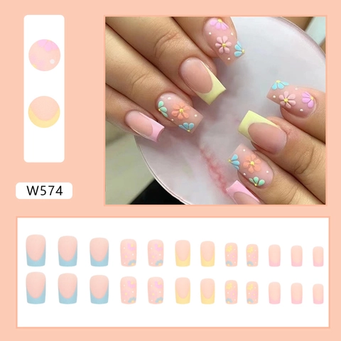 Press On Nails Matte Floral Design French Tip Macaron Colorful Sweet Medium Square False Nails For Women Three Dimensional