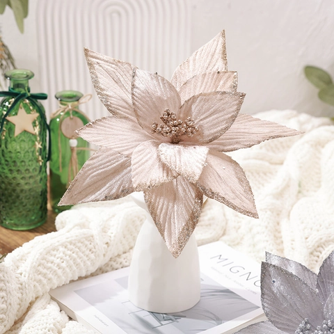 Glitzernde Künstliche Weihnachtsstern Blumen Samt Stoff Langer Stiel Feiertag Haus Dekoration Party Baum Schmuck