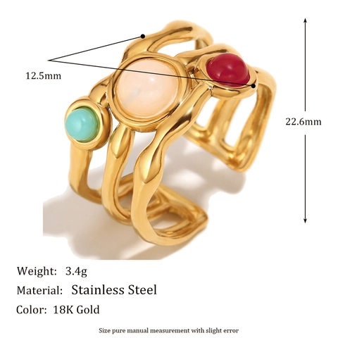 Adjustable Open Ring Stainless Steel 18K Gold Plated Double Layer Wave Design Multi Color Zircon Retro Jewelry For Women
