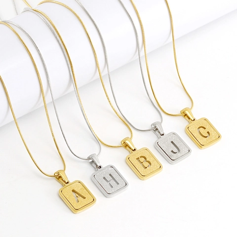Square Initial Letter Pendant Necklace 18K Gold Plated Stainless Steel Snake Chain Matte Finish Chic Jewelry For Women