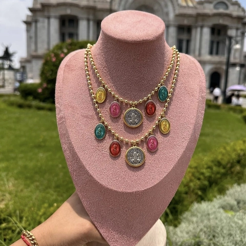 Collar Religioso Cobre Chapado En Oro Esmalte Multicolor Medalla San Benito Virgen María Cadena De Bolas Vintage Mujeres