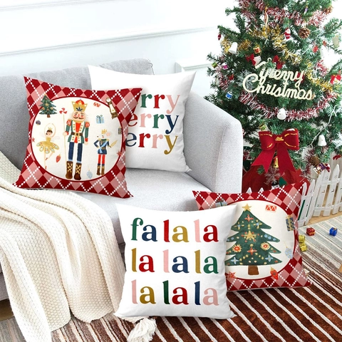 Weihnachts Kissenbezüge Nussknacker Soldat Cartoon Druck Feiertag Dekoration Polyester Leinen Textur Quadratisch Kissenhülle