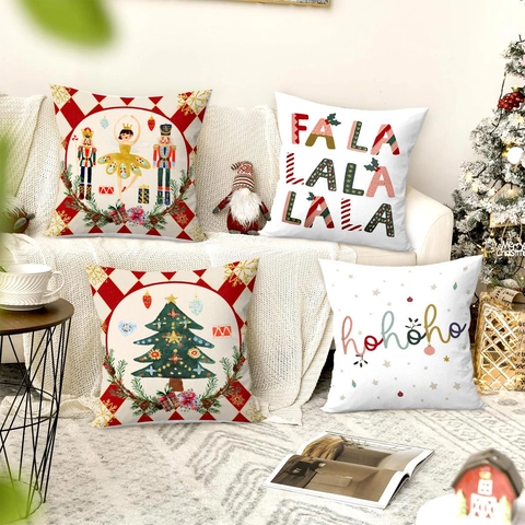 Housses De Coussin De Noël Tissu Polyester Texture Lin Dessin Animé Casse-Noisette Sapin De Noël Motifs Décoration Maison