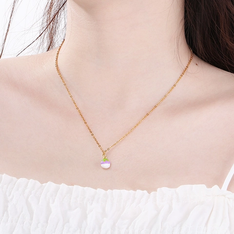 Collier Pendentif Fruit Doux Acier Inoxydable Émail Pomme Pêche Mangoustan Bijoux Pour Femmes Style Frais
