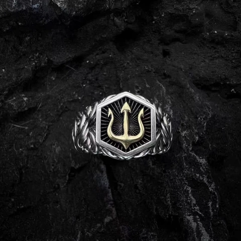 Vintage Trident Ring Alloy Gothic Punk Adjustable Open Men Jewelry Retro Sea God Myth Design Personality Accessory