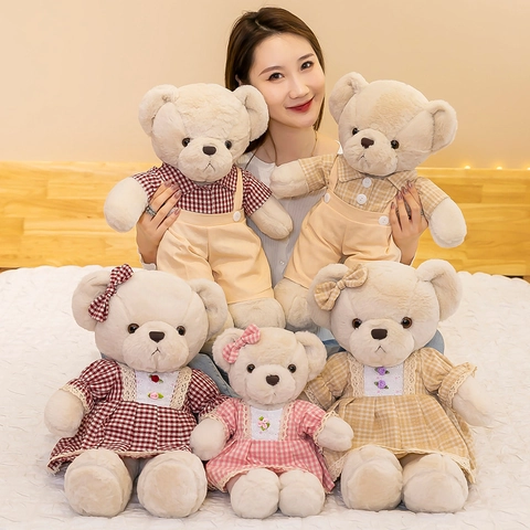 Soft Teddy Bear Plush Toy Plaid Outfit Stuffed Animal Cute Dressing Bear For Kids Girls Gift Home Decor