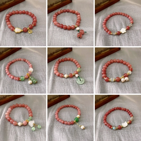 Handmade Strawberry Crystal Beaded Bracelet With Artificial Pearl And Jade Pendant Elegant Chinese Style Elastic Jewelry For Women