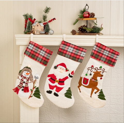 Christmas Stocking Polyester Plaid Fabric Santa Snowman Reindeer Applique Fireplace Holiday Decor Hanging Gift Bag
