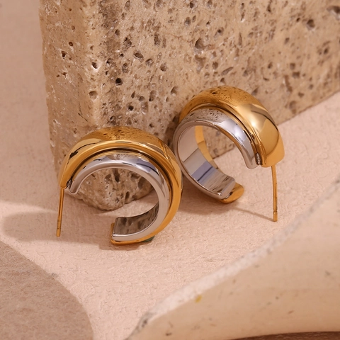 Modern Stainless Steel 18K Gold Plated Double Layer Wide Surface Bi-color C-Shape Hoop Earrings For Women Fashion Jewelry