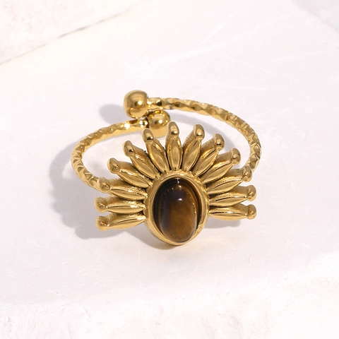 Anillo Ajustable Sol Vintage Acero Inoxidable Chapado En Oro 18K Piedra Natural Joyas Boho Para Mujer