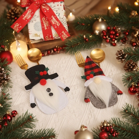 Christmas Cutlery Holder Bag Gnome Snowman Reindeer Plush Felt Silverware Pouch Dining Table Decor Festive Party Ornament