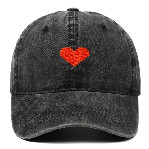 Washed Cotton Baseball Cap Pixelated Heart Embroidery Vintage Distressed Sun Protection Hat Adjustable Unisex