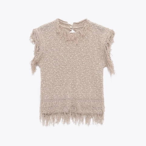 Women Sleeveless Knitted Vest Top Fringe Tassel Trim Chunky Knit Acrylic Polyester Elegant Solid Color Boat Neck