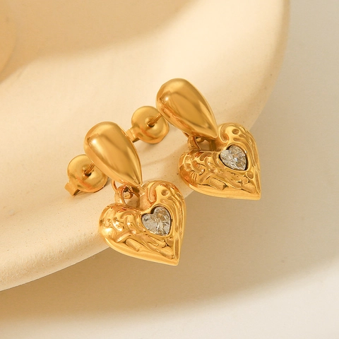 Pendientes De Gota De Corazón Acero Inoxidable Chapado En Oro De 18K Textura Martillada Circón Incrustado Joyería Elegante