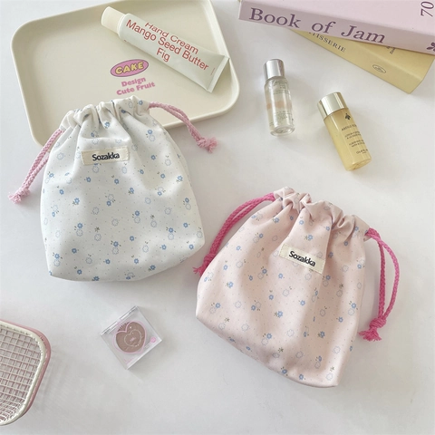 Sac De Rangement À Cordon Floral En Toile De Coton Organisateur De Voyage Portable Pochette Cosmétique Pour Maquillage