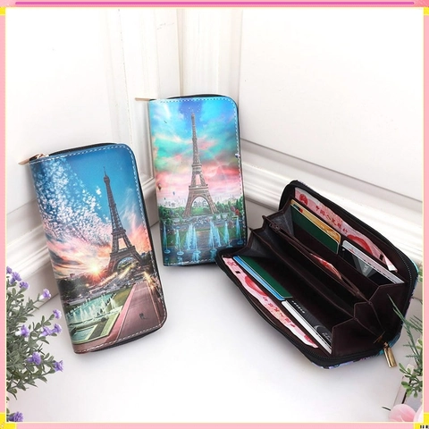 Eiffel Tower Print Long Zipper Wallet PU Leather Multi Card Slots Paris Landscape Clutch Purse For Women