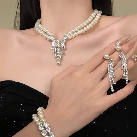 Double Layer Artificial Pearl Necklace Earrings Bracelet Rhinestone Flower Pendant Vintage Elegant Bridal Wedding Alloy Jewelry