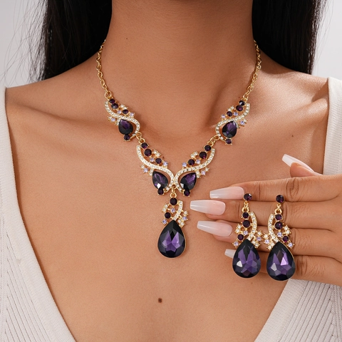 Collier Et Boucles D'oreilles Goutte D'eau Vintage En Pierre Gemme Violette Avec Strass Base En Cuivre Mariage Pour Femmes