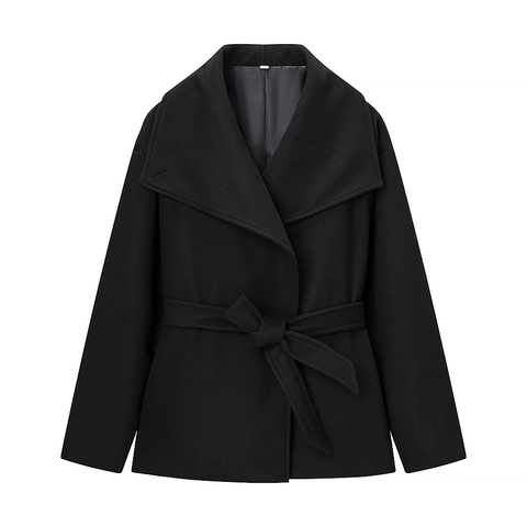 Women Woolen Coat Solid Black Lapel Collar Belted Waist Long Sleeve Autumn Winter Casual Elegant Outerwear For Ladies