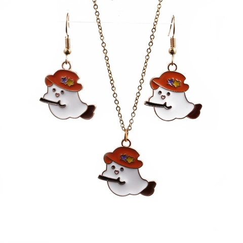 Bijoux Fantôme Dessin Animé Halloween Émail Avec Chapeau Magicien Orange Étoiles Alliage Collier Et Boucles D'oreilles Femme