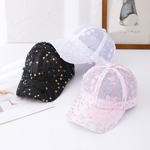 Honkbalpet Gaas Polyester Ademend Zonnescherm Zomer Buiten Zoet 3D Bloem Pailletten Mode Vrouwen Zonnehoed