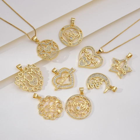 MAMA Anhänger Halskette 18K Vergoldetes Kupfer Micro Pave Zirkonia Herz Stern Mond Schmuck Muttertagsgeschenk Für Mama